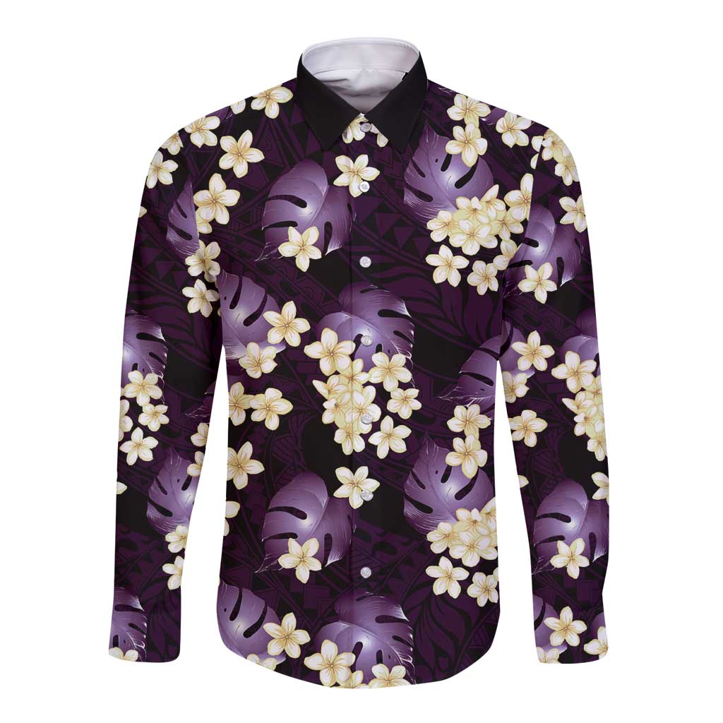 Purple Tropical Hawaii Long Sleeve Button Shirt Seamless Monstera Plumeria Hawaiian Pattern LT14 Unisex Purple - Polynesian Pride