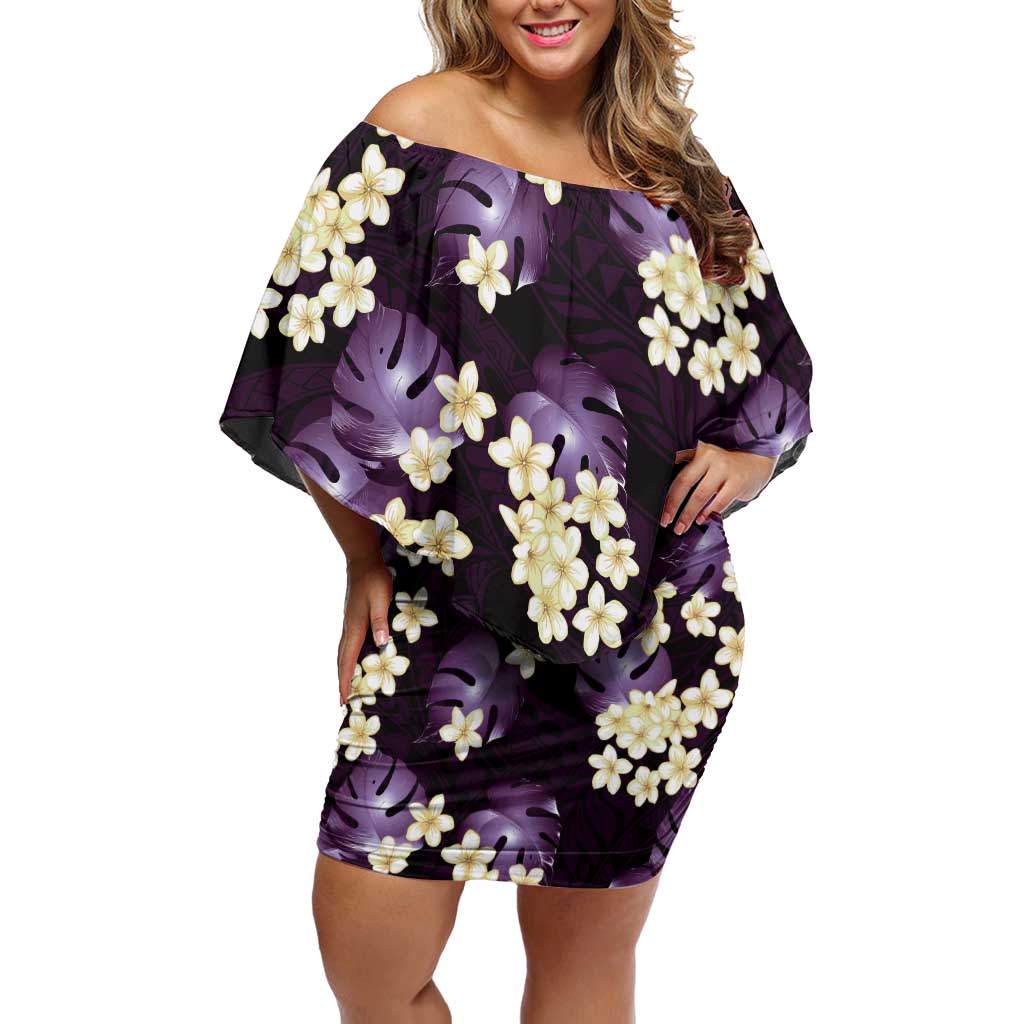 Purple Tropical Hawaii Off Shoulder Short Dress Seamless Monstera Plumeria Hawaiian Pattern - Polynesian Pride