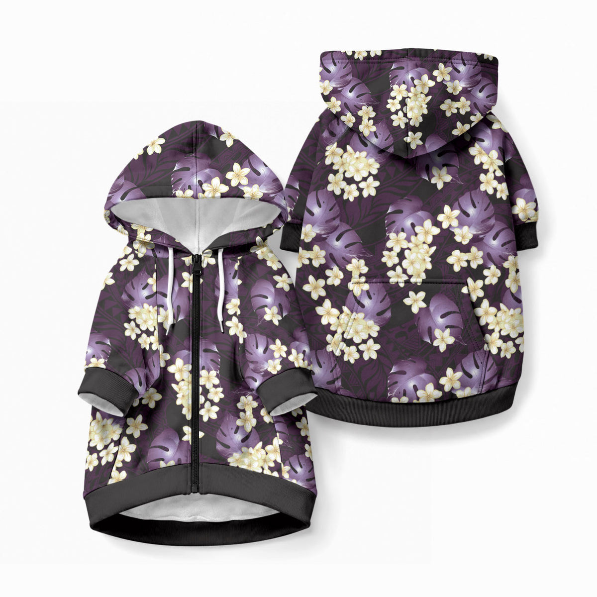 Purple Tropical Hawaii Pet Hoodie Seamless Monstera Plumeria Hawaiian Pattern