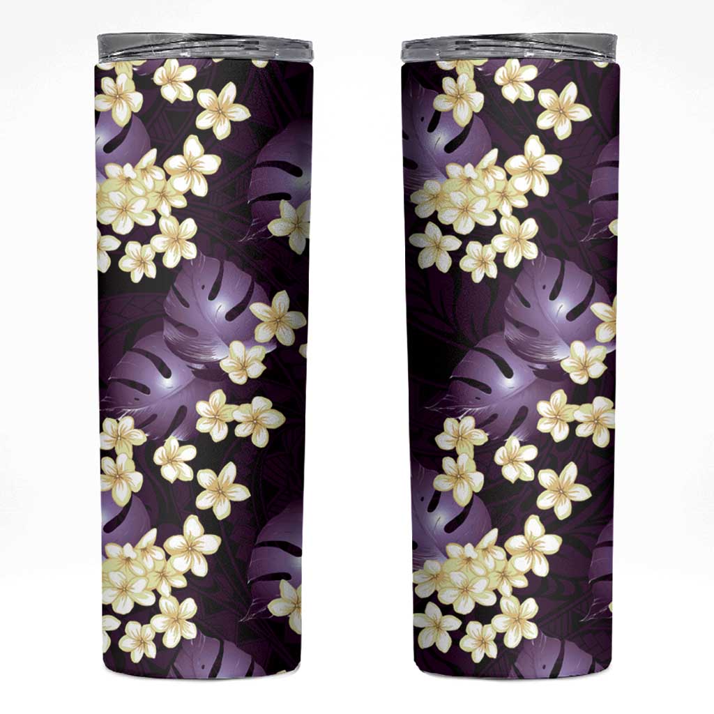 Purple Tropical Hawaii Skinny Tumbler Seamless Monstera Plumeria Hawaiian Pattern - Polynesian Pride