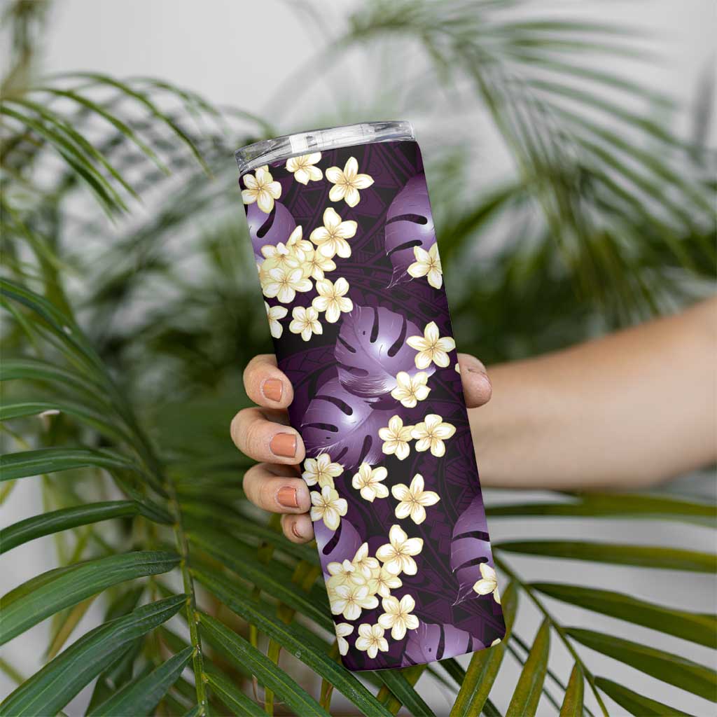 Purple Tropical Hawaii Skinny Tumbler Seamless Monstera Plumeria Hawaiian Pattern - Polynesian Pride