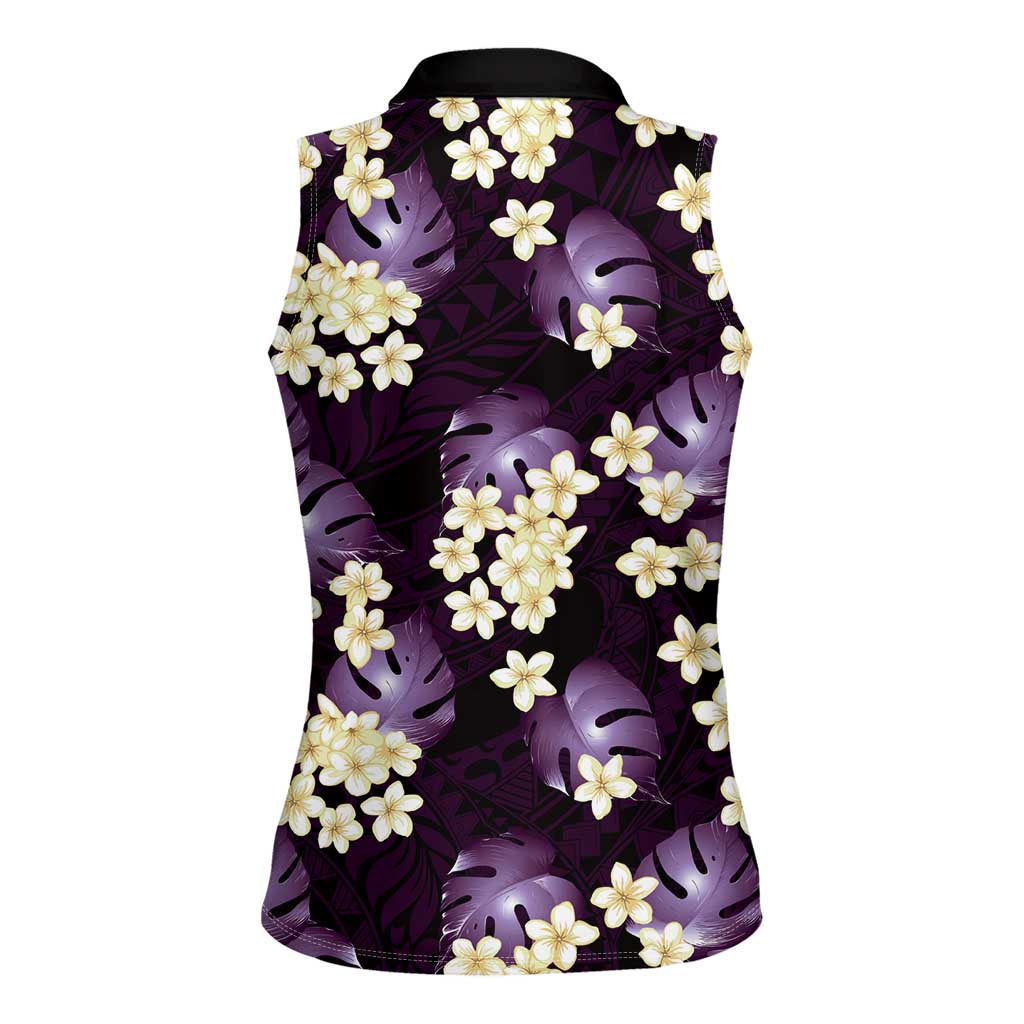 Purple Tropical Hawaii Women Sleeveless Polo Shirt Seamless Monstera Plumeria Hawaiian Pattern LT14 - Polynesian Pride