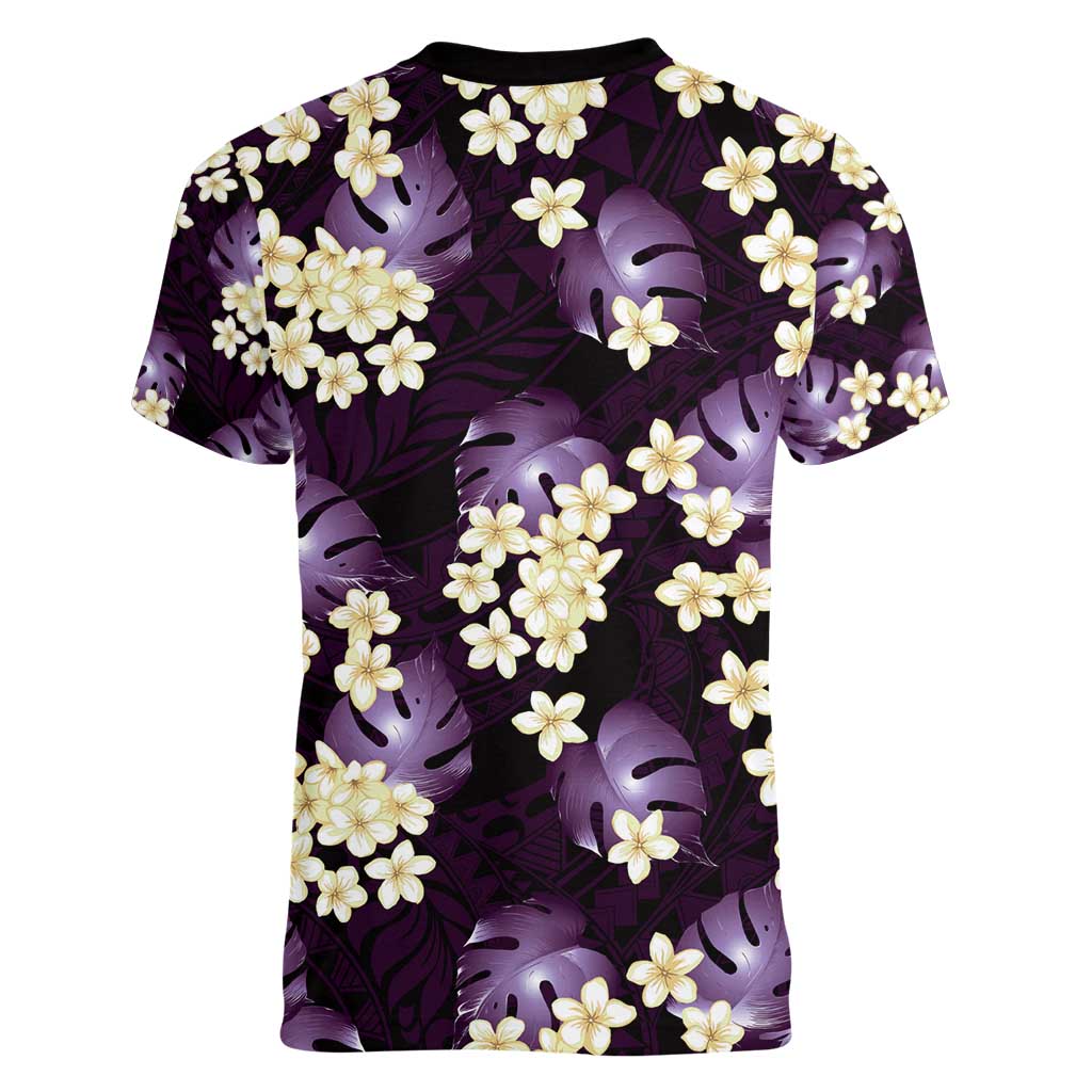 Purple Tropical Hawaii Women V-Neck T-Shirt Seamless Monstera Plumeria Hawaiian Pattern - Polynesian Pride
