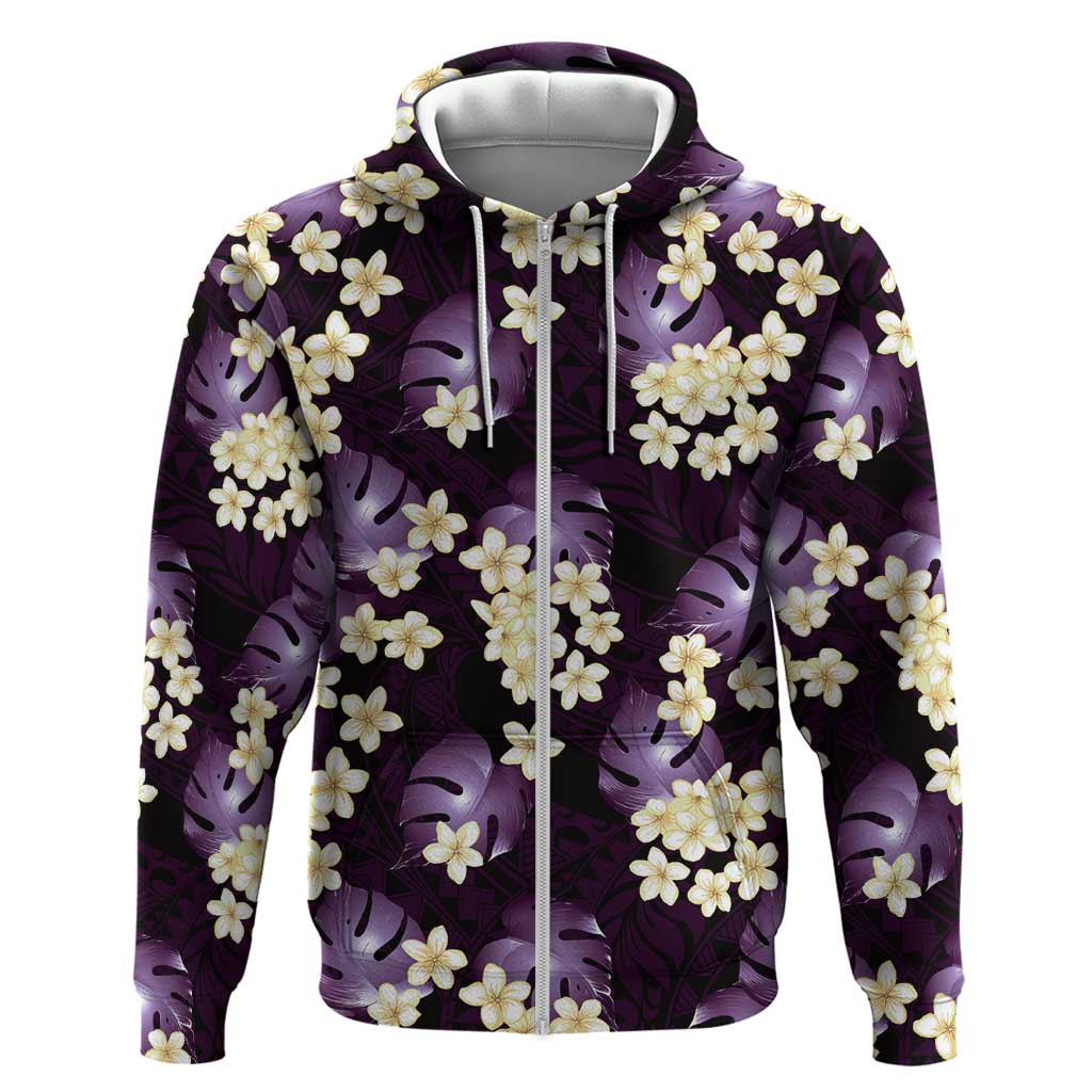 Purple Tropical Hawaii Zip Hoodie Seamless Monstera Plumeria Hawaiian Pattern - Polynesian Pride