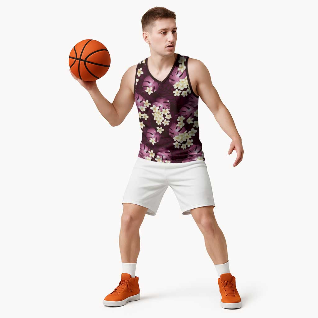 Pink Tropical Hawaii Basketball Jersey Seamless Monstera Plumeria Hawaiian Pattern - Polynesian Pride