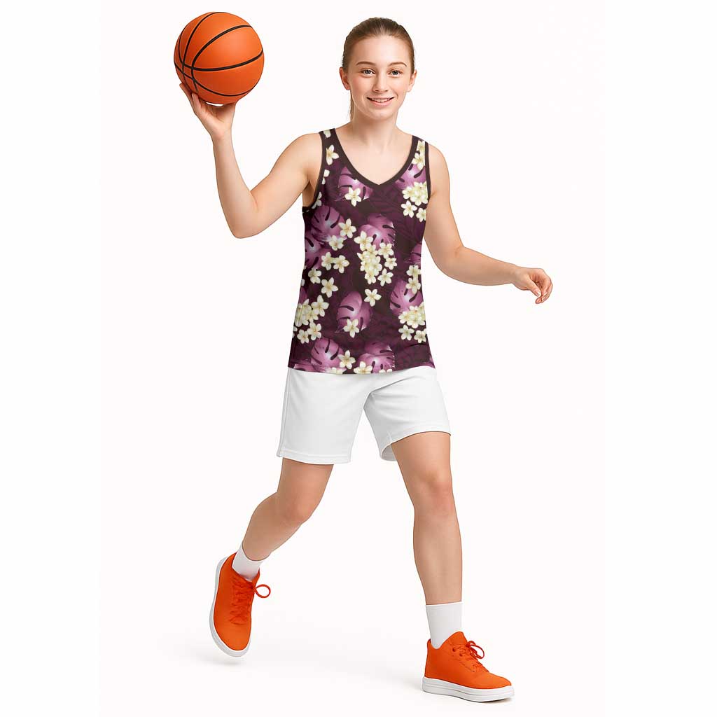 Pink Tropical Hawaii Basketball Jersey Seamless Monstera Plumeria Hawaiian Pattern - Polynesian Pride