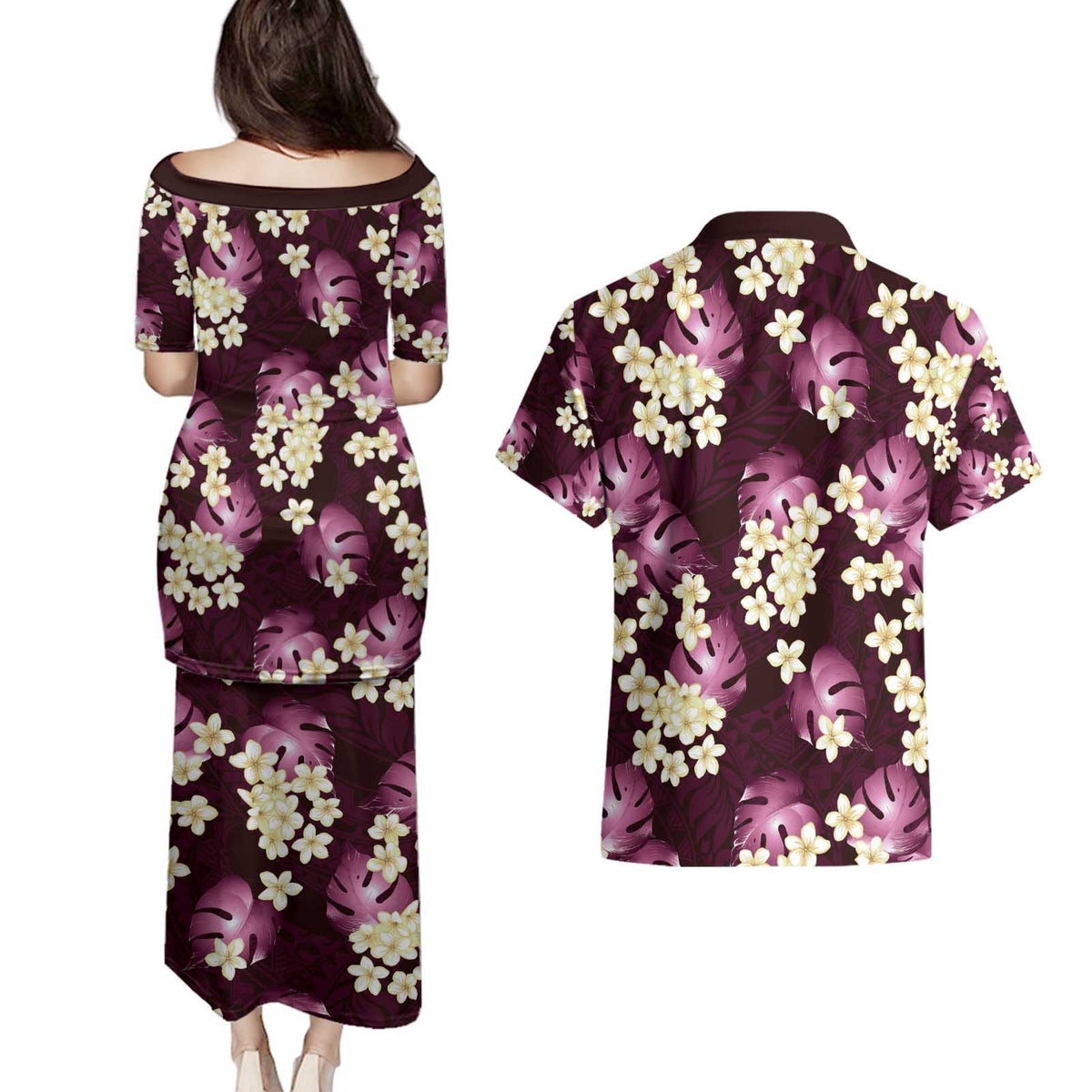 Pink Tropical Hawaii Couples Matching Puletasi and Hawaiian Shirt Seamless Monstera Plumeria Hawaiian Pattern LT14 - Polynesian Pride