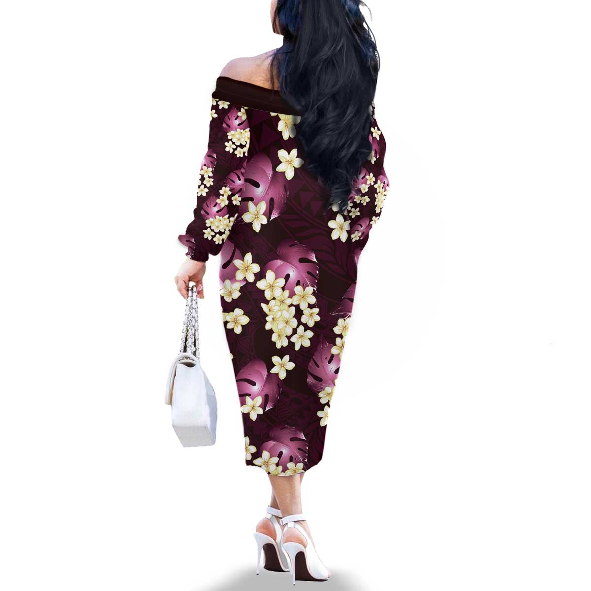 Pink Tropical Hawaii Family Matching Off The Shoulder Long Sleeve Dress and Hawaiian Shirt Seamless Monstera Plumeria Hawaiian Pattern - Polynesian Pride