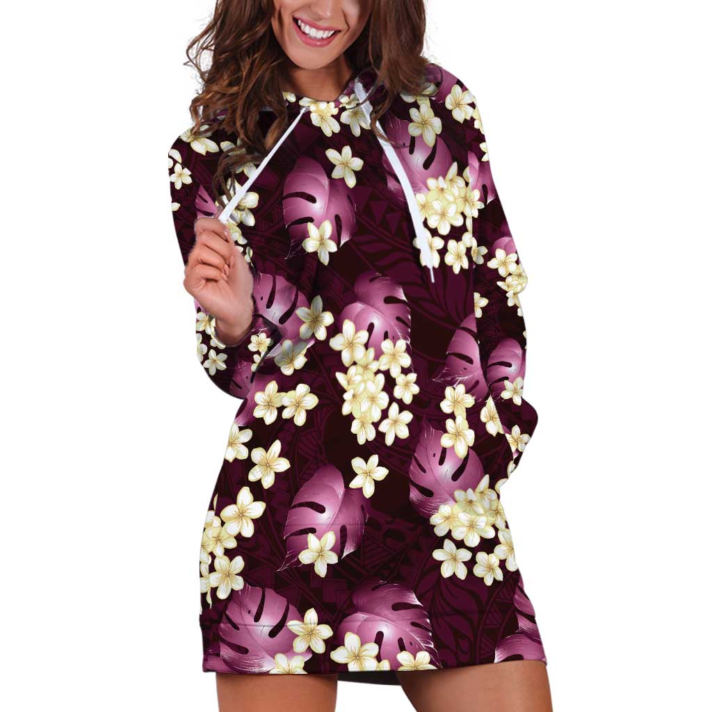 Pink Tropical Hawaii Hoodie Dress Seamless Monstera Plumeria Hawaiian Pattern - Polynesian Pride