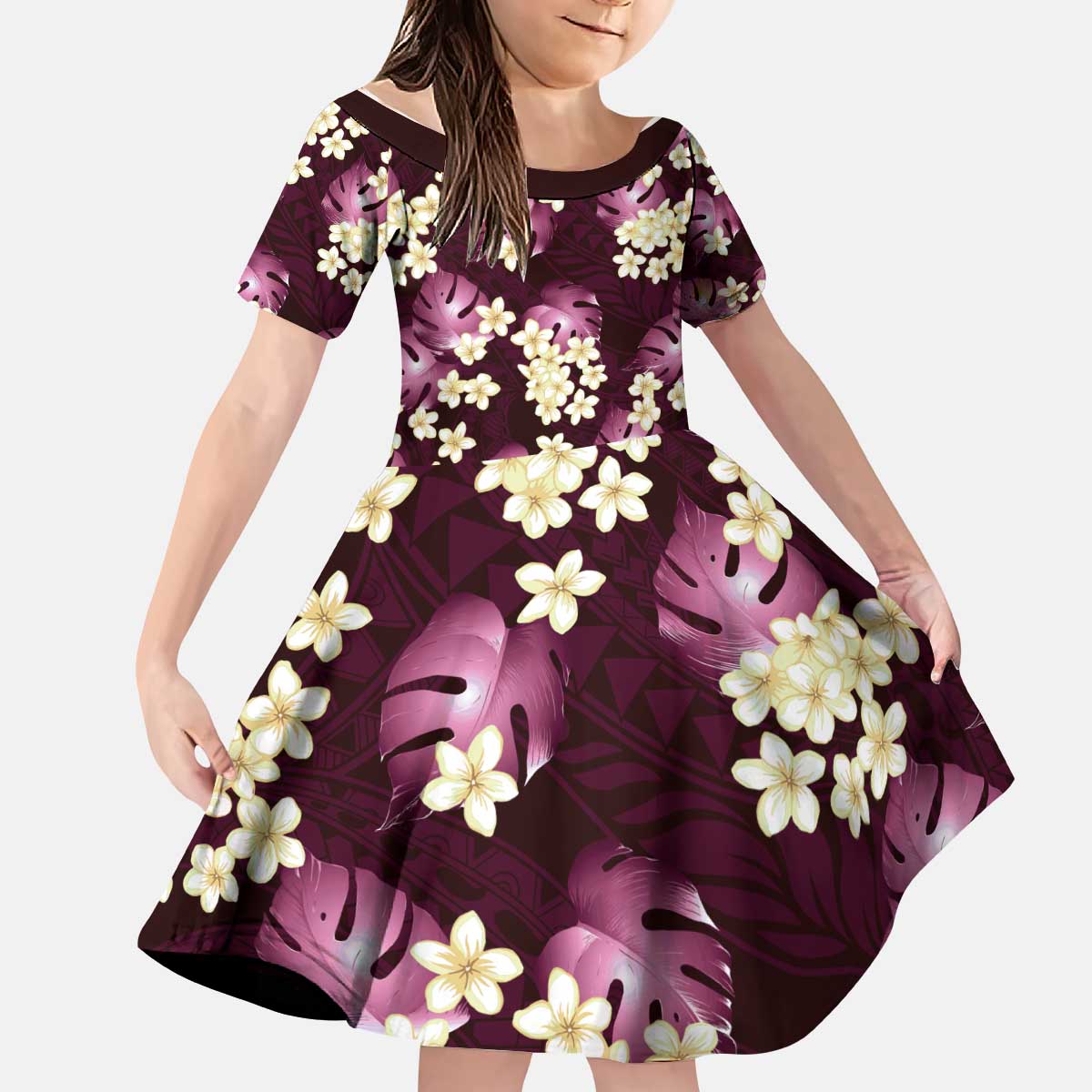 Pink Tropical Hawaii Kid Short Sleeve Dress Seamless Monstera Plumeria Hawaiian Pattern - Polynesian Pride