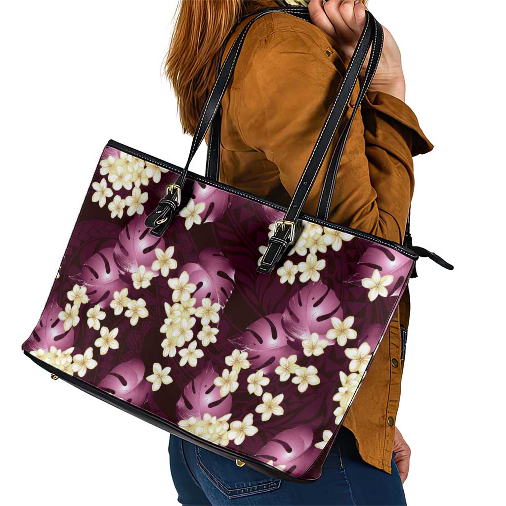 Pink Tropical Hawaii Leather Tote Bag Seamless Monstera Plumeria Hawaiian Pattern - Polynesian Pride
