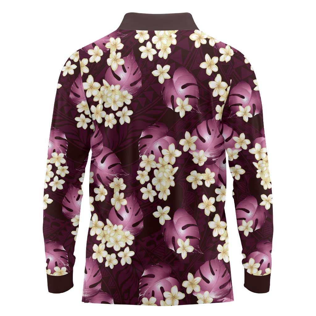 Pink Tropical Hawaii Long Sleeve Polo Shirt Seamless Monstera Plumeria Hawaiian Pattern - Polynesian Pride