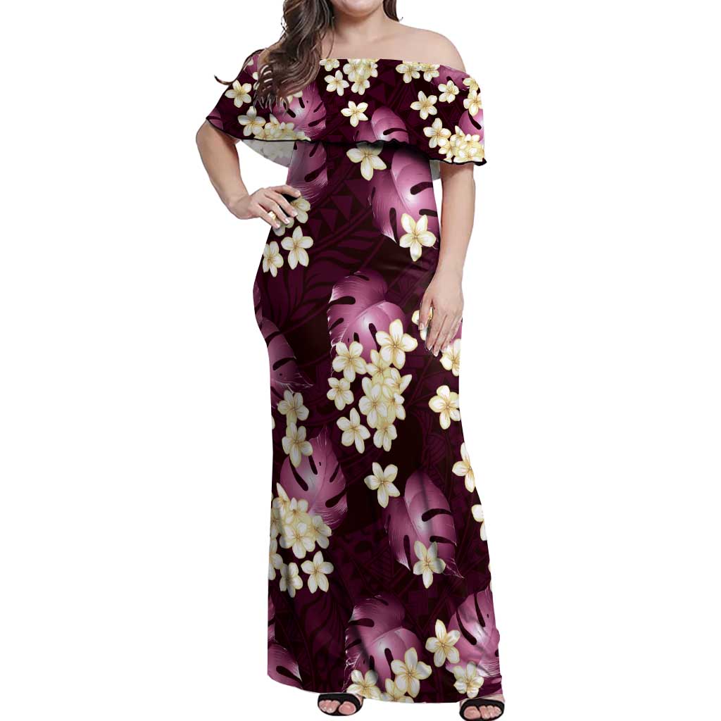 Pink Tropical Hawaii Off Shoulder Maxi Dress Seamless Monstera Plumeria Hawaiian Pattern - Polynesian Pride