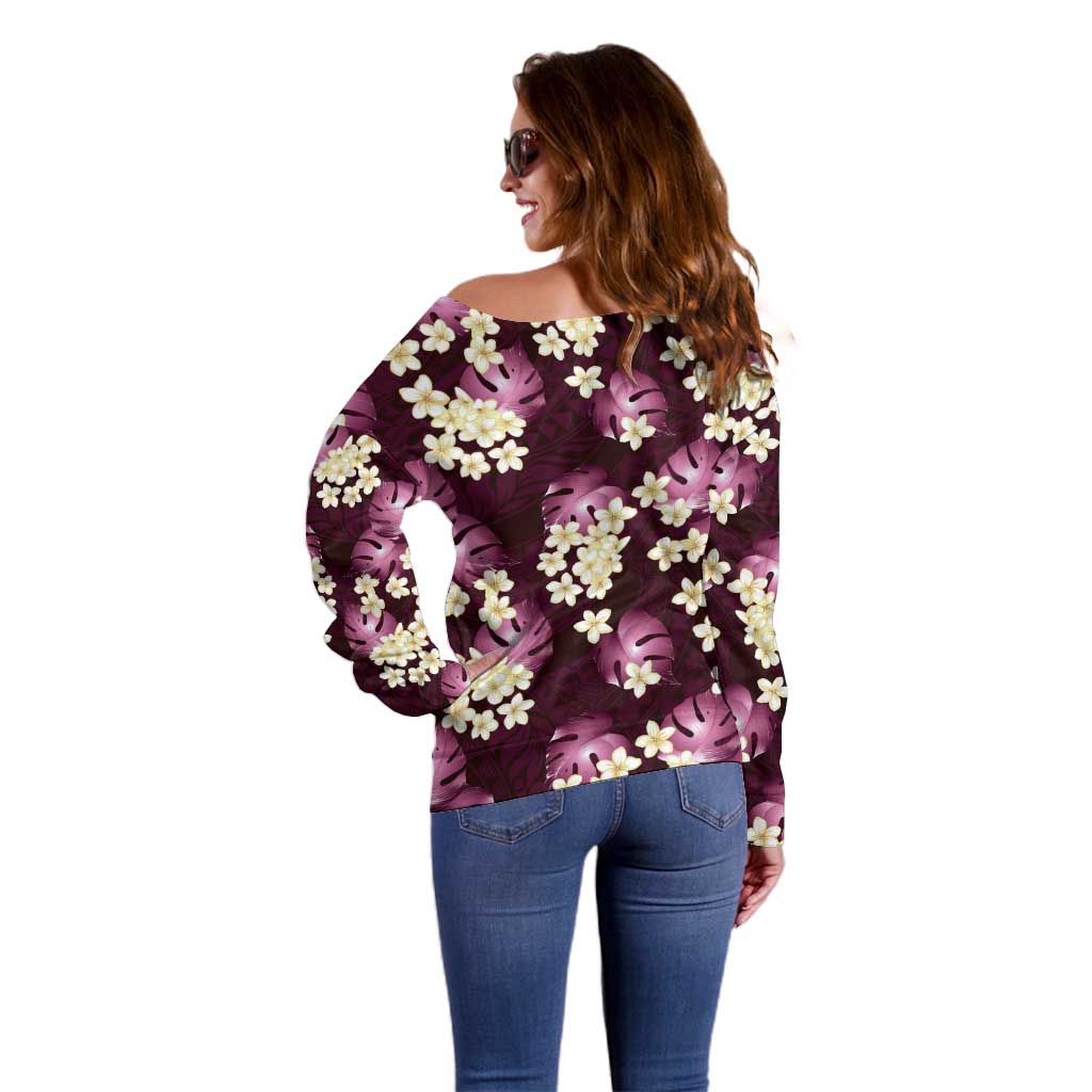 Pink Tropical Hawaii Off Shoulder Sweater Seamless Monstera Plumeria Hawaiian Pattern - Polynesian Pride