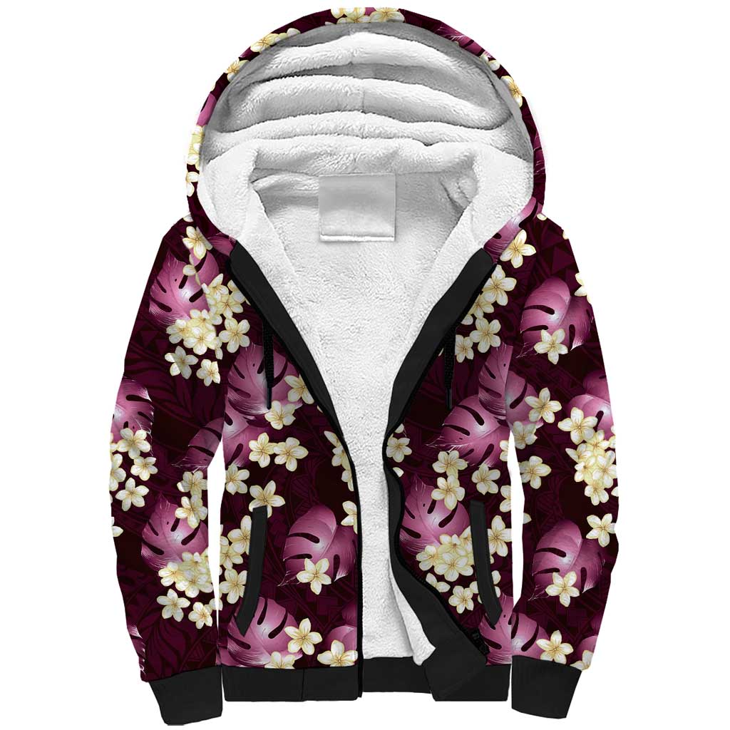 Pink Tropical Hawaii Sherpa Hoodie Seamless Monstera Plumeria Hawaiian Pattern - Polynesian Pride