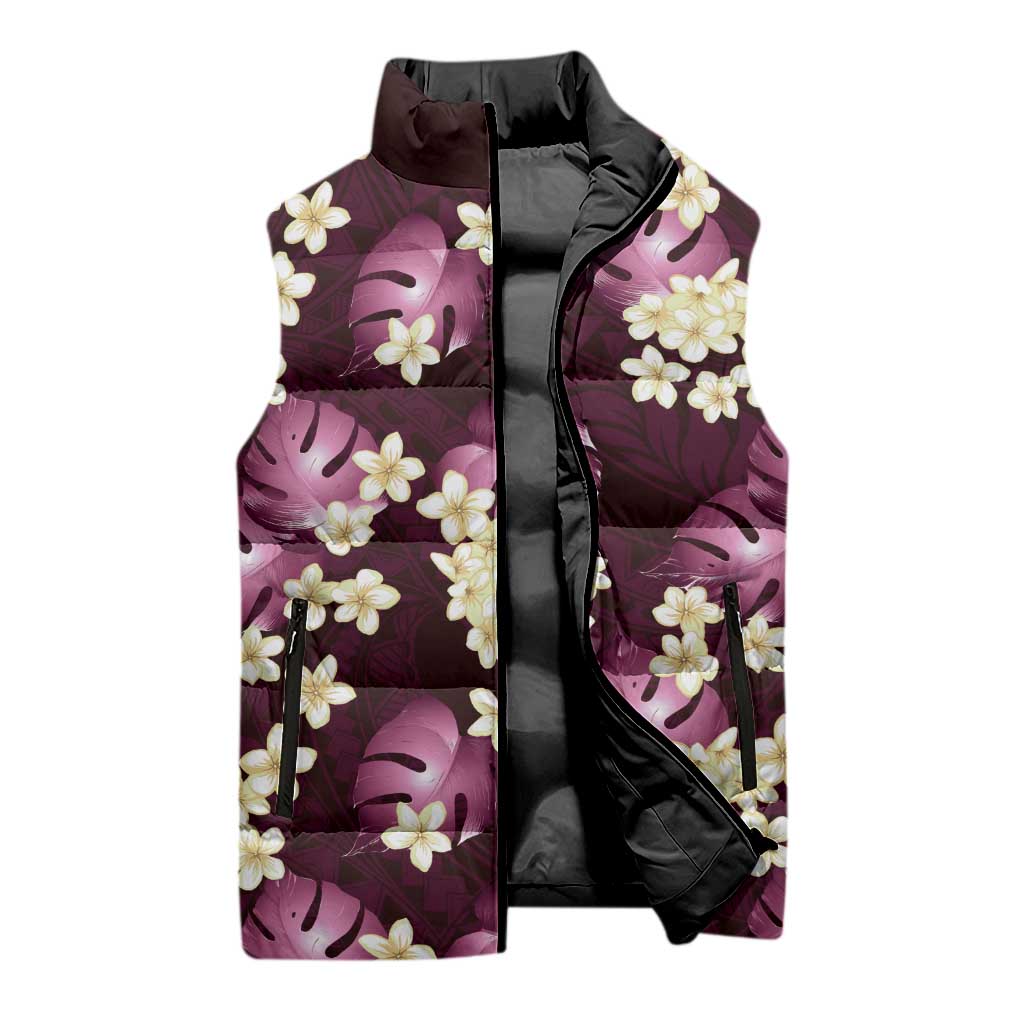 Pink Tropical Hawaii Sleeveless Puffer Jacket Seamless Monstera Plumeria Hawaiian Pattern - Polynesian Pride
