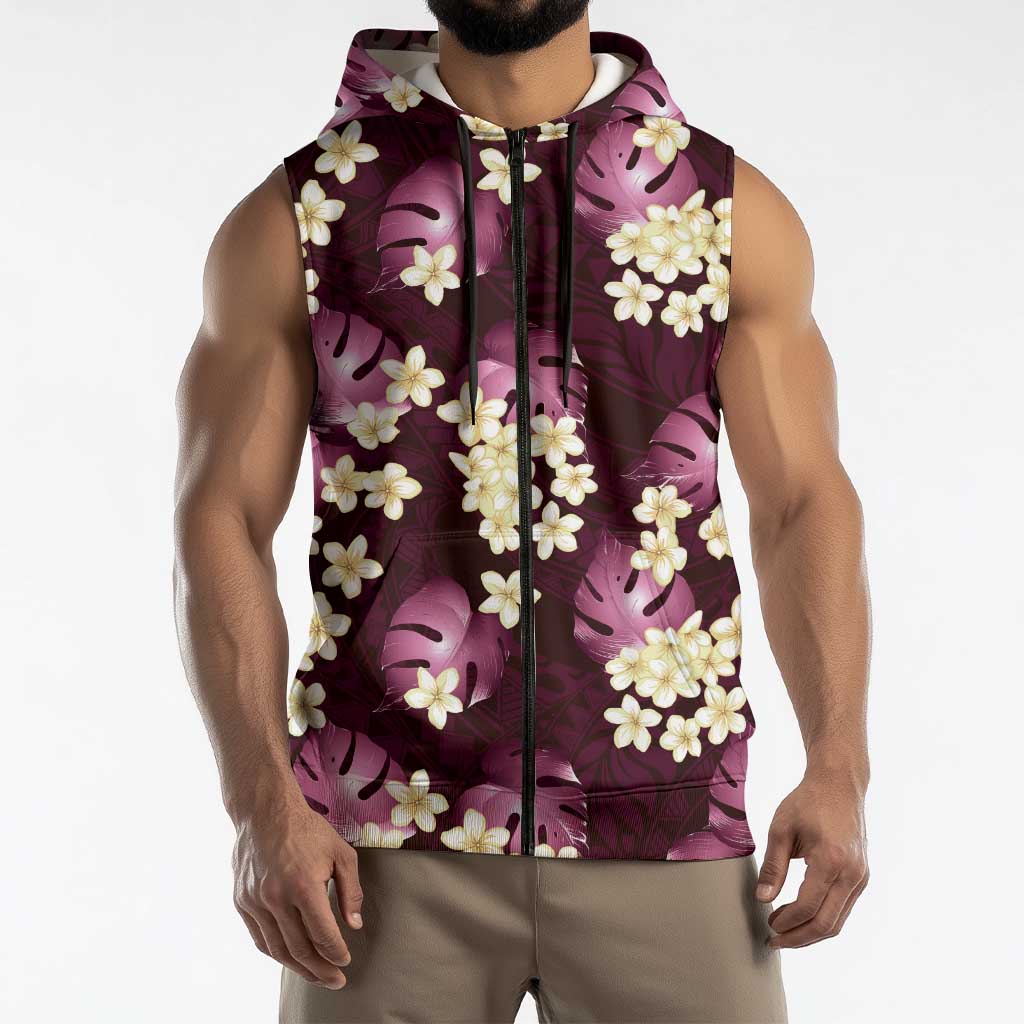 Pink Tropical Hawaii Sleeveless Zip Hoodie Seamless Monstera Plumeria Hawaiian Pattern LT14 - Polynesian Pride