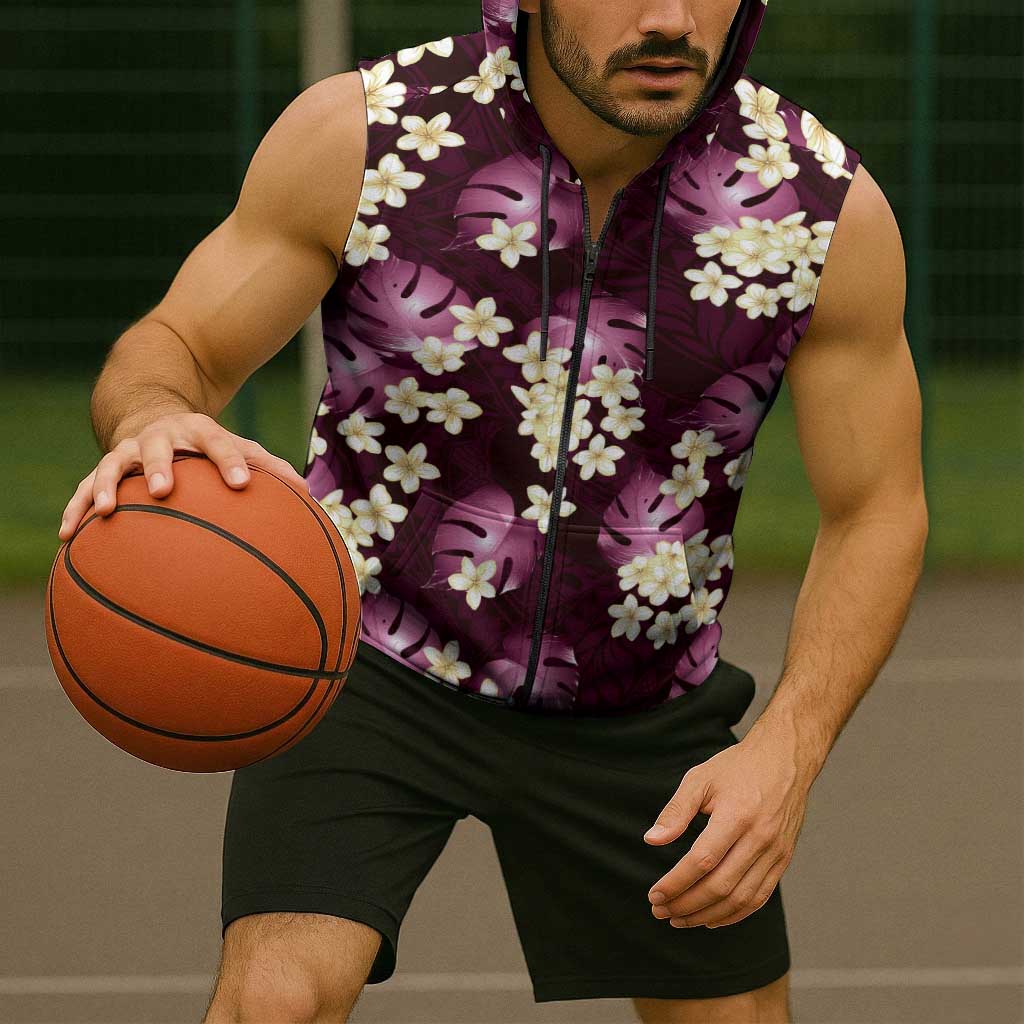 Pink Tropical Hawaii Sleeveless Zip Hoodie Seamless Monstera Plumeria Hawaiian Pattern LT14 - Polynesian Pride