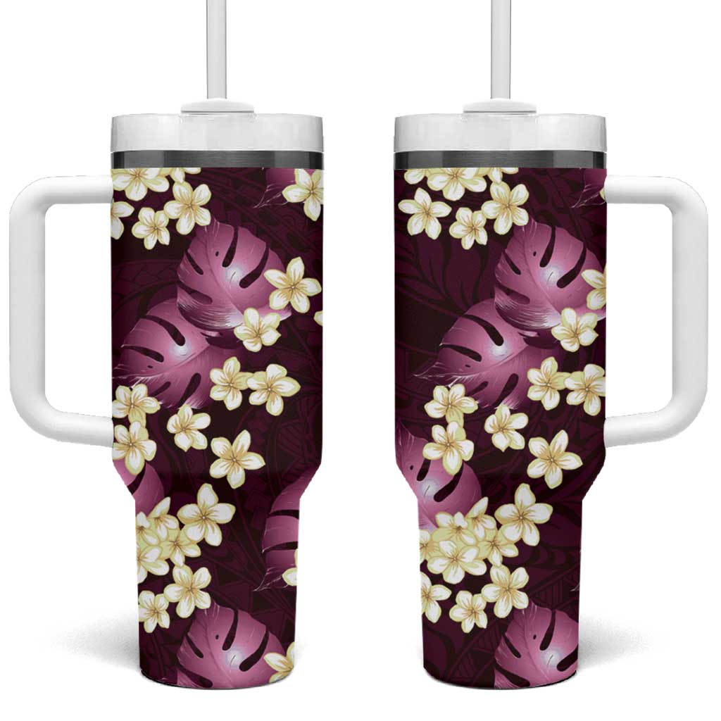Pink Tropical Hawaii Tumbler With Handle Seamless Monstera Plumeria Hawaiian Pattern - Polynesian Pride