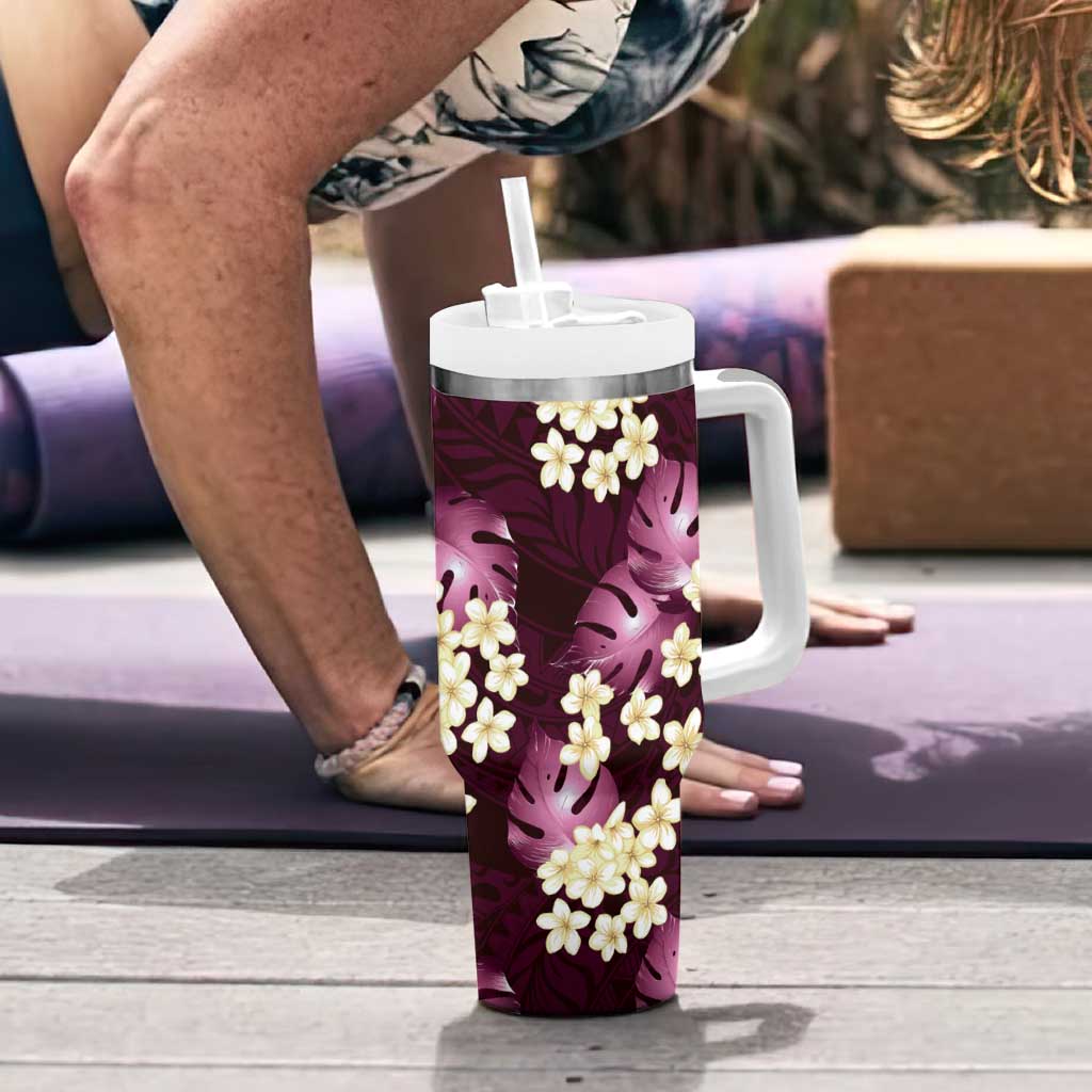 Pink Tropical Hawaii Tumbler With Handle Seamless Monstera Plumeria Hawaiian Pattern - Polynesian Pride
