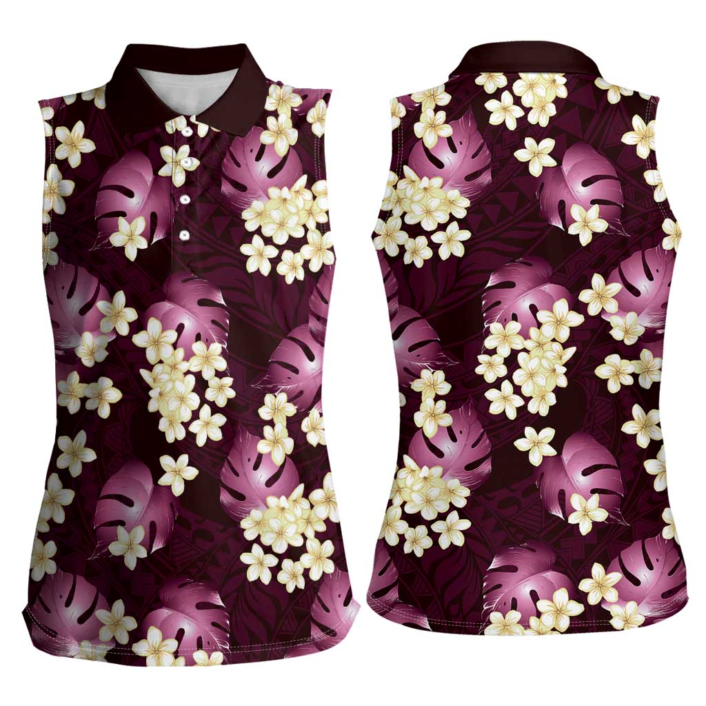 Pink Tropical Hawaii Women Sleeveless Polo Shirt Seamless Monstera Plumeria Hawaiian Pattern LT14 - Polynesian Pride