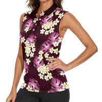 Pink Tropical Hawaii Women Sleeveless Polo Shirt Seamless Monstera Plumeria Hawaiian Pattern LT14 - Polynesian Pride