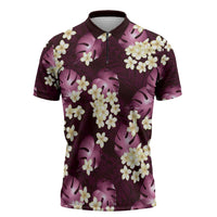 Pink Tropical Hawaii Zipper Polo Shirt Seamless Monstera Plumeria Hawaiian Pattern - Polynesian Pride