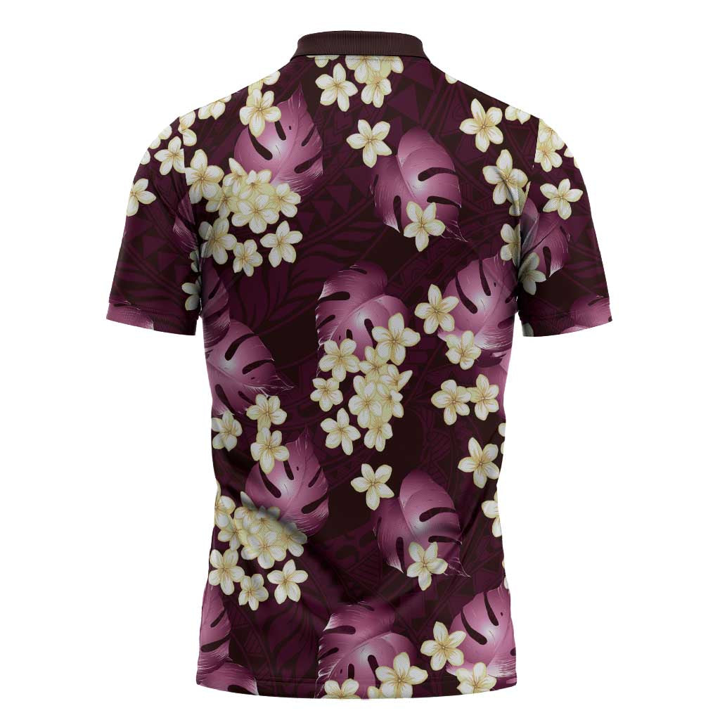Pink Tropical Hawaii Zipper Polo Shirt Seamless Monstera Plumeria Hawaiian Pattern - Polynesian Pride