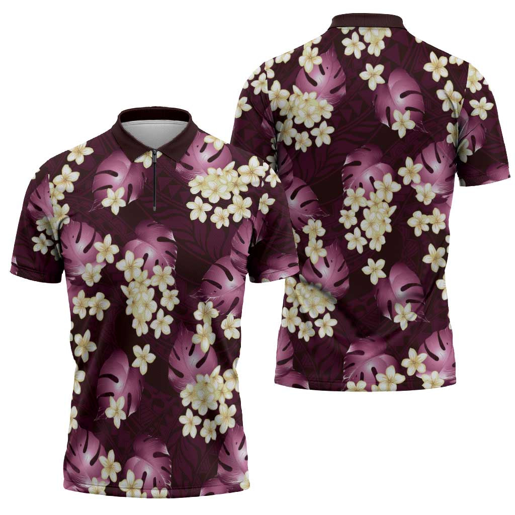 Pink Tropical Hawaii Zipper Polo Shirt Seamless Monstera Plumeria Hawaiian Pattern - Polynesian Pride