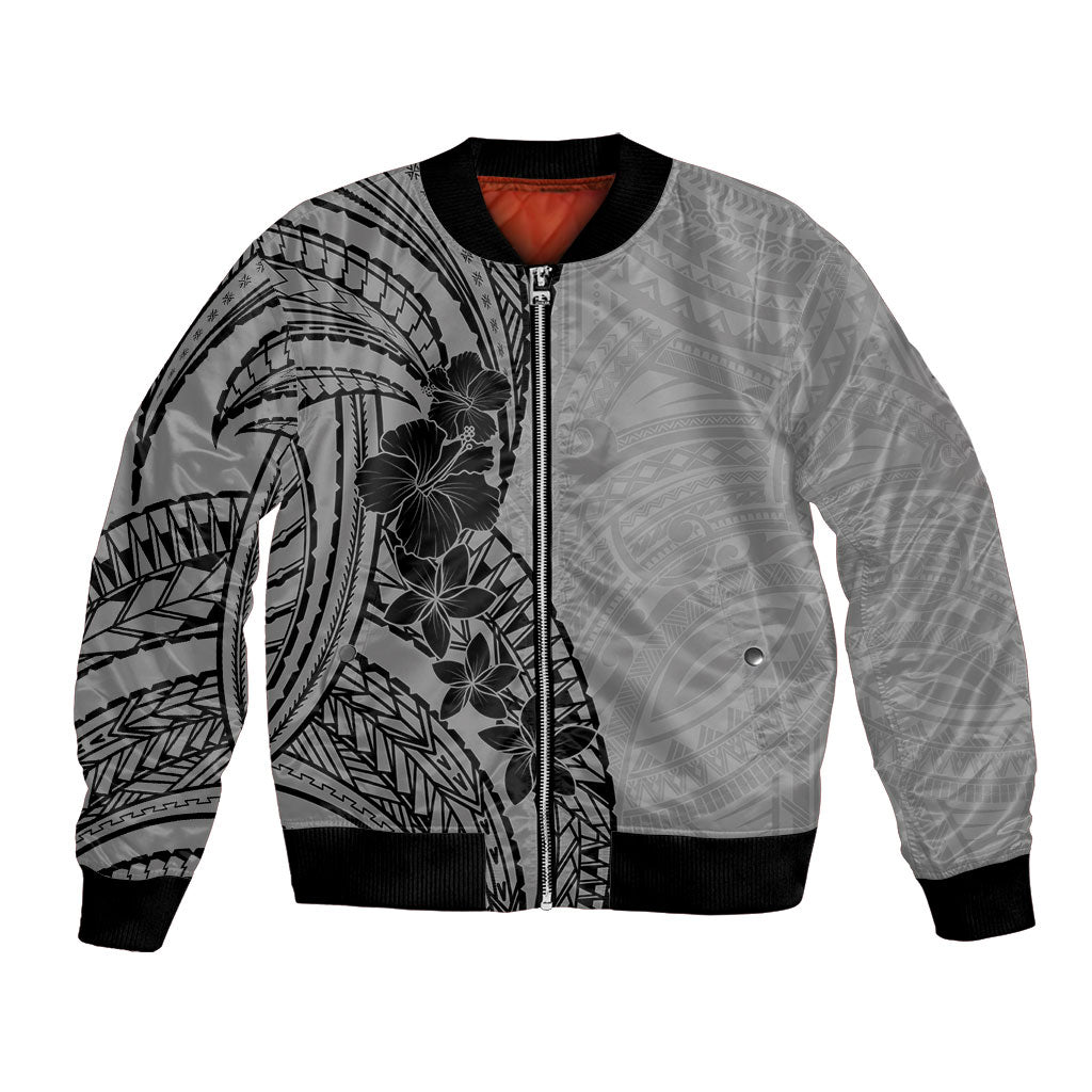 Black Gray Polynesia Tropical Flowers Bomber Jacket LT14 Unisex Gray - Polynesian Pride