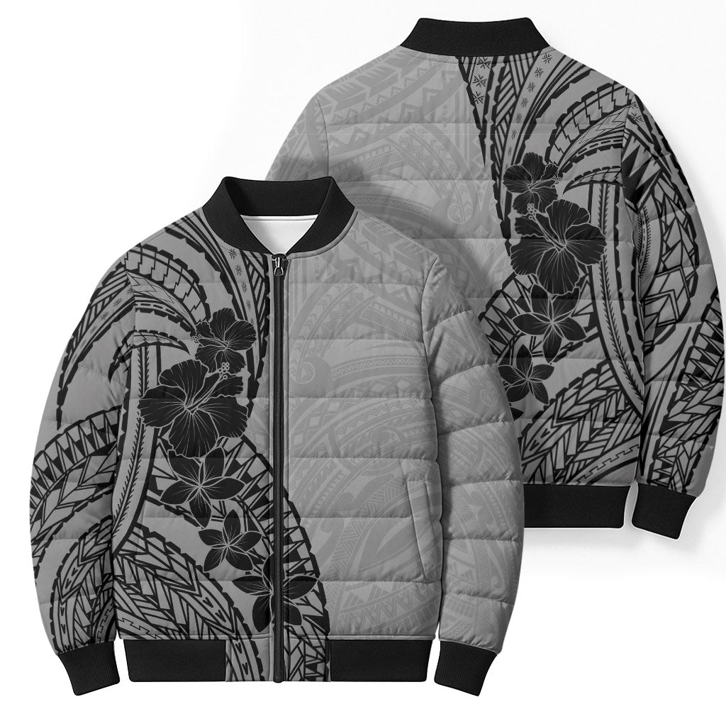 Black Gray Polynesia Tropical Flowers Bomber Puffer Jacket LT14 - Polynesian Pride