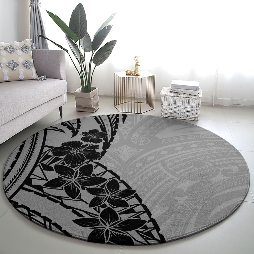 Black Gray Polynesia Tropical Flowers Round Carpet LT14 - Polynesian Pride