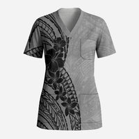 Black Gray Polynesia Tropical Flowers Scrub Top LT14 Adult Gray - Polynesian Pride