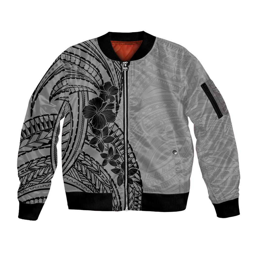 Black Gray Polynesia Tropical Flowers Sleeve Zip Bomber Jacket LT14 Unisex Gray - Polynesian Pride