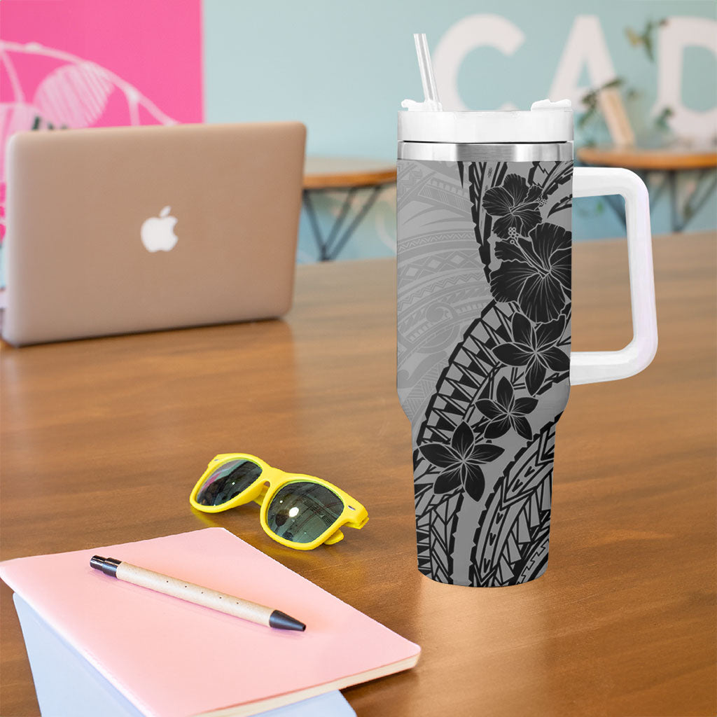 Black Gray Polynesia Tropical Flowers Tumbler With Handle LT14 - Polynesian Pride