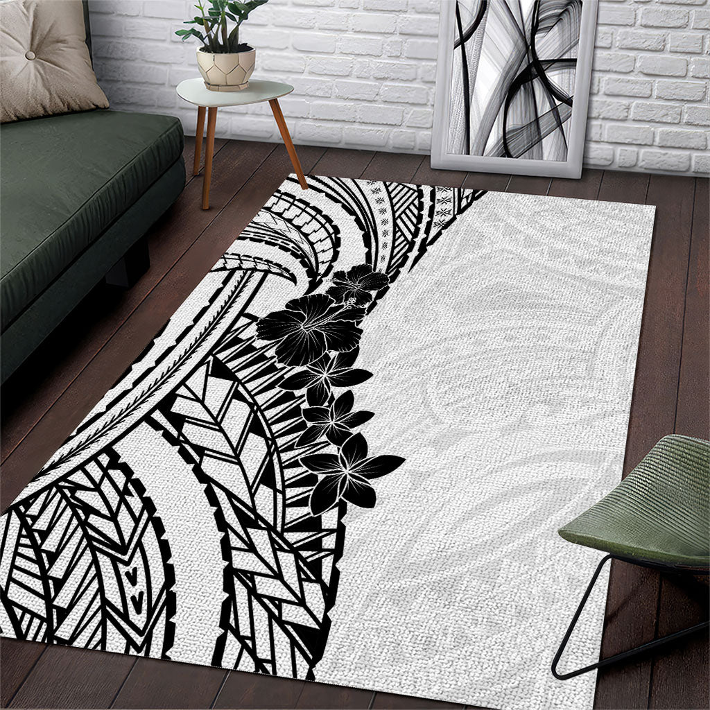 Black White Polynesia Tropical Flowers Area Rug LT14 White - Polynesian Pride