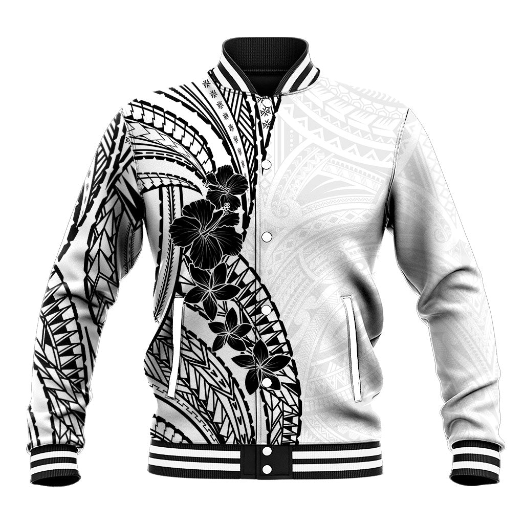 Black White Polynesia Tropical Flowers Baseball Jacket LT14 Unisex White - Polynesian Pride