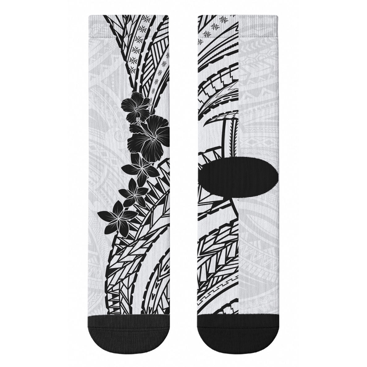 Black White Polynesia Tropical Flowers Crew Socks LT14 - Polynesian Pride
