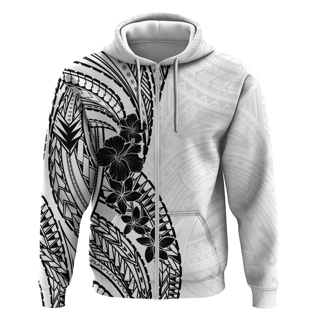 Black White Polynesia Tropical Flowers Hoodie LT14 Zip Hoodie White - Polynesian Pride