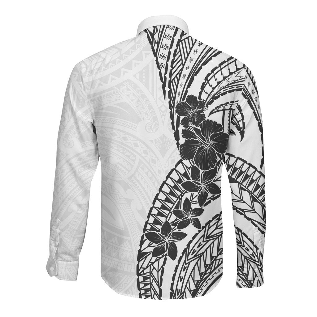 Black White Polynesia Tropical Flowers Long Sleeve Button Shirt LT14 - Polynesian Pride