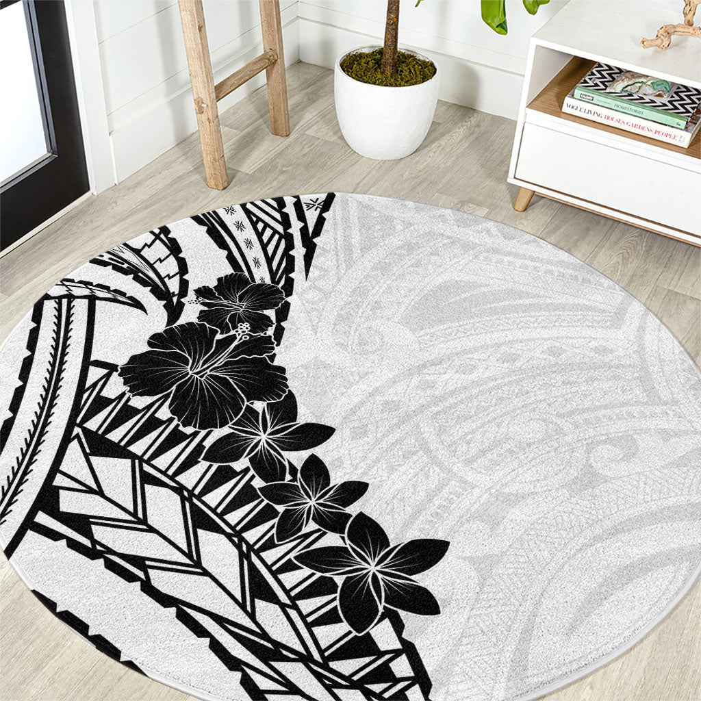 Black White Polynesia Tropical Flowers Round Carpet LT14 White - Polynesian Pride