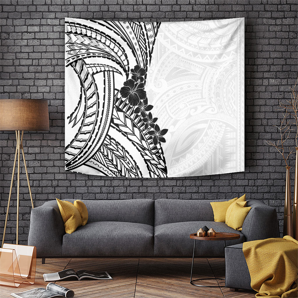 Black White Polynesia Tropical Flowers Tapestry LT14 White - Polynesian Pride