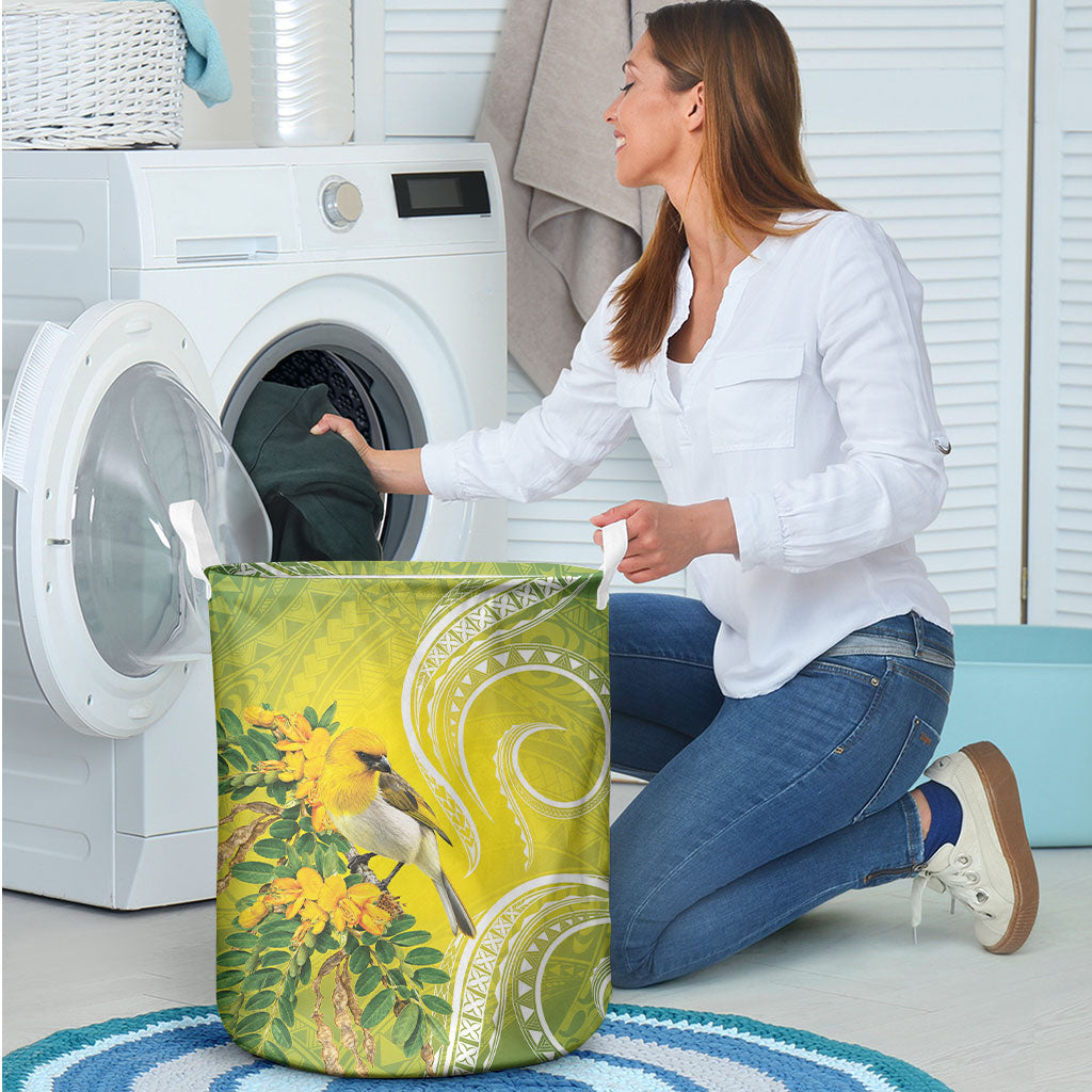 Hawaii Palila Mamane Laundry Basket Hawaiian Honeycreeper With Native Flower LT14 - Polynesian Pride