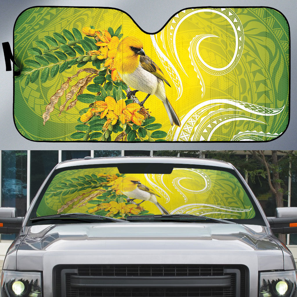 Hawaii Palila Mamane Auto Sun Shade Hawaiian Honeycreeper With Native Flower LT14 Green - Polynesian Pride