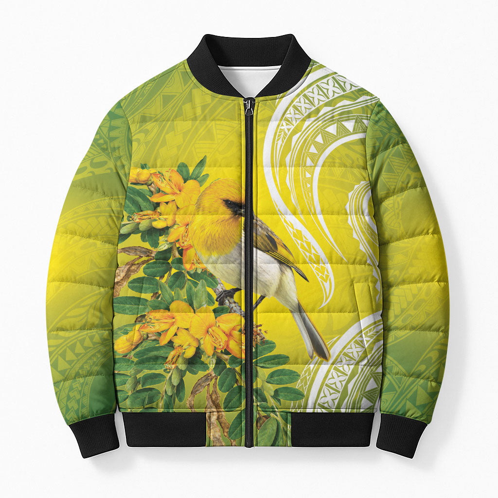 Hawaii Palila Mamane Bomber Puffer Jacket Hawaiian Honeycreeper With Native Flower LT14 Unisex Green - Polynesian Pride