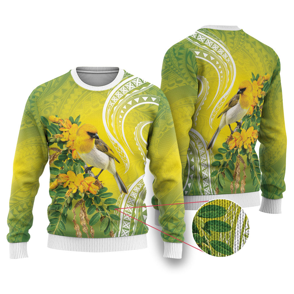 Hawaii Palila Mamane Ugly Christmas Sweater Hawaiian Honeycreeper With Native Flower LT14 Green - Polynesian Pride