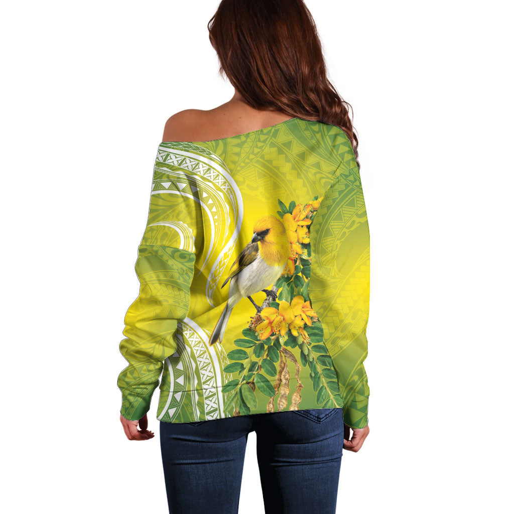 Hawaii Palila Mamane Off Shoulder Sweater Hawaiian Honeycreeper With Native Flower LT14 - Polynesian Pride