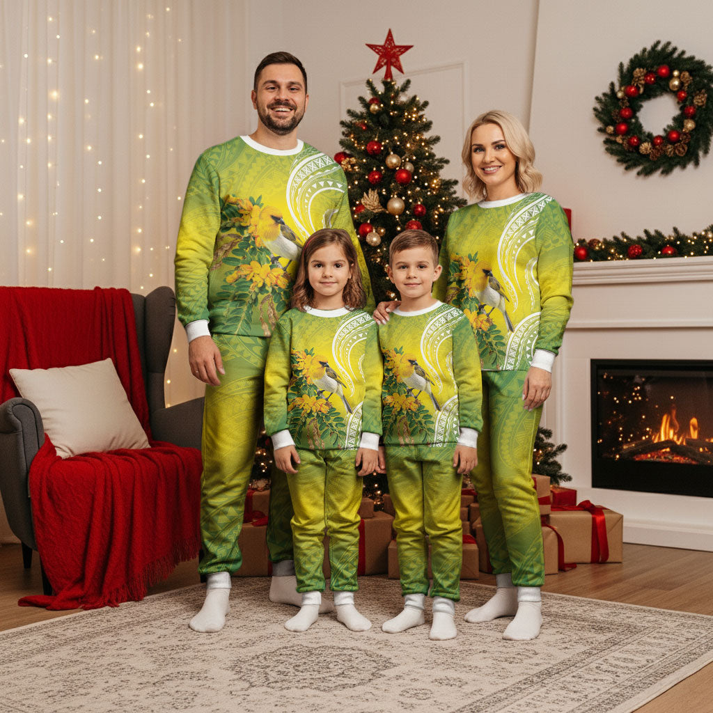 Hawaii Palila Mamane Christmas Pajama Set Hawaiian Honeycreeper With Native Flower LT14 - Polynesian Pride