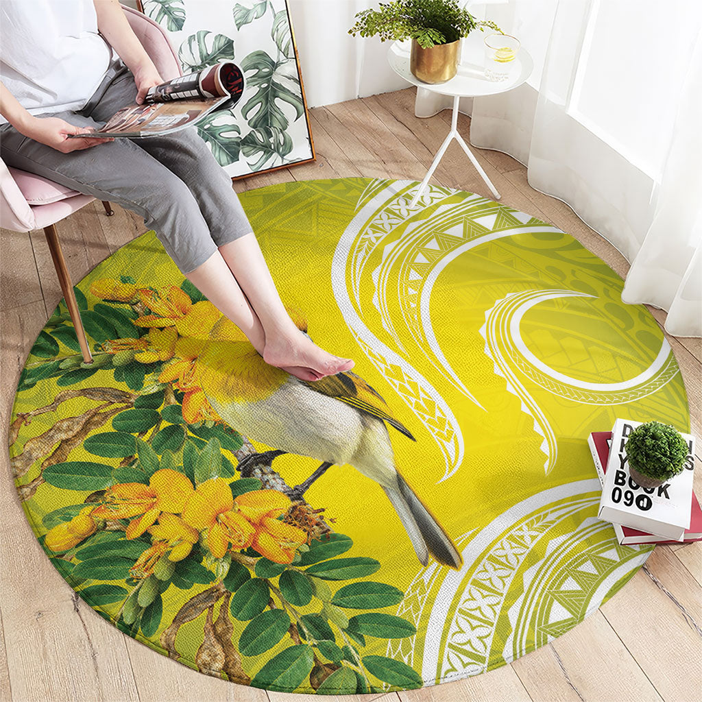 Hawaii Palila Mamane Round Carpet Hawaiian Honeycreeper With Native Flower LT14 - Polynesian Pride