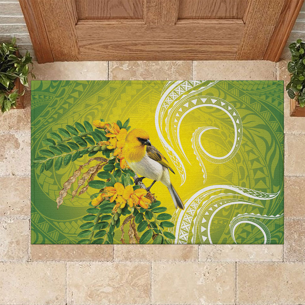 Hawaii Palila Mamane Rubber Doormat Hawaiian Honeycreeper With Native Flower LT14 Green - Polynesian Pride